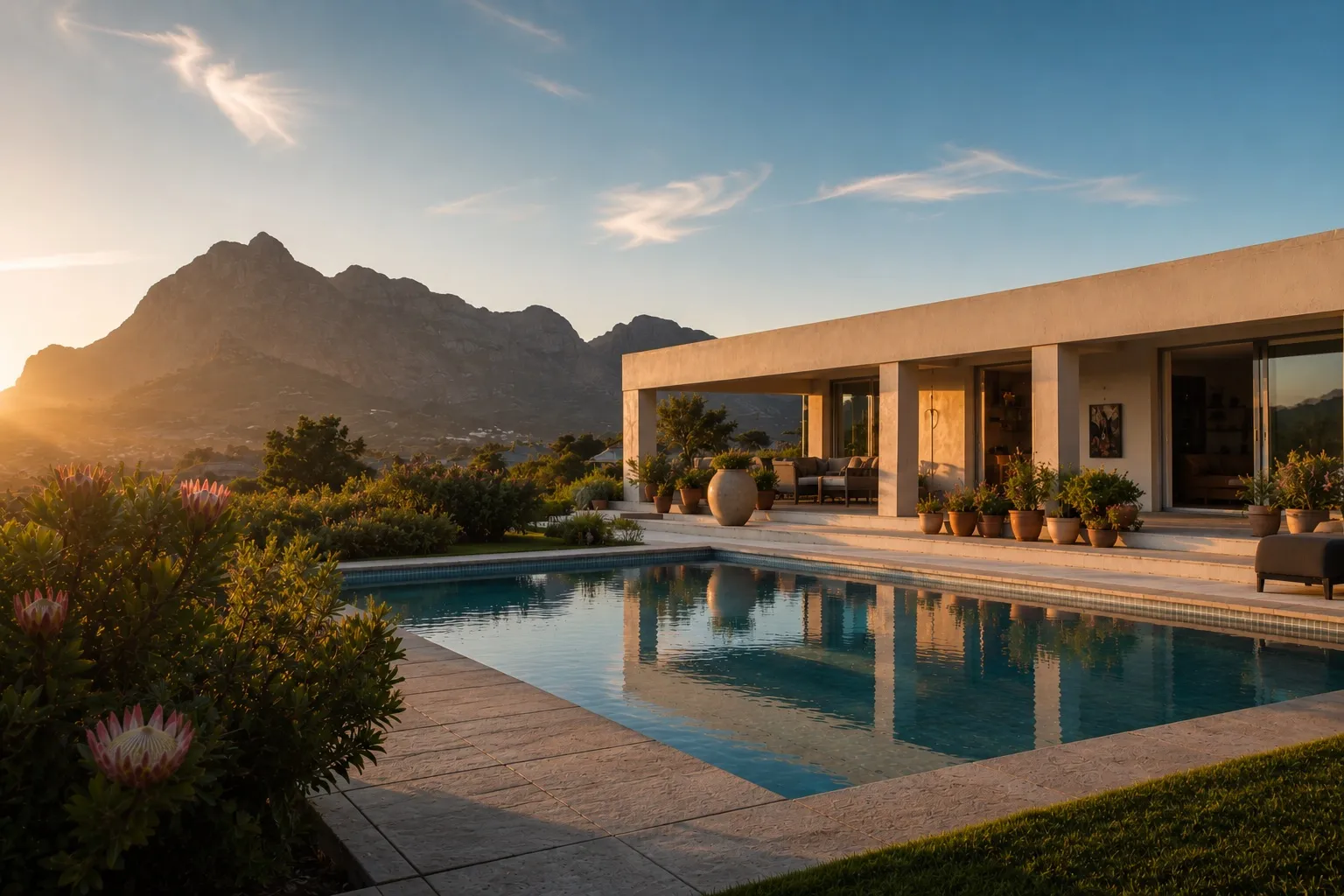 A modern villa at golden hour with an infinity pool, fynbos and mountains in the Western Cape